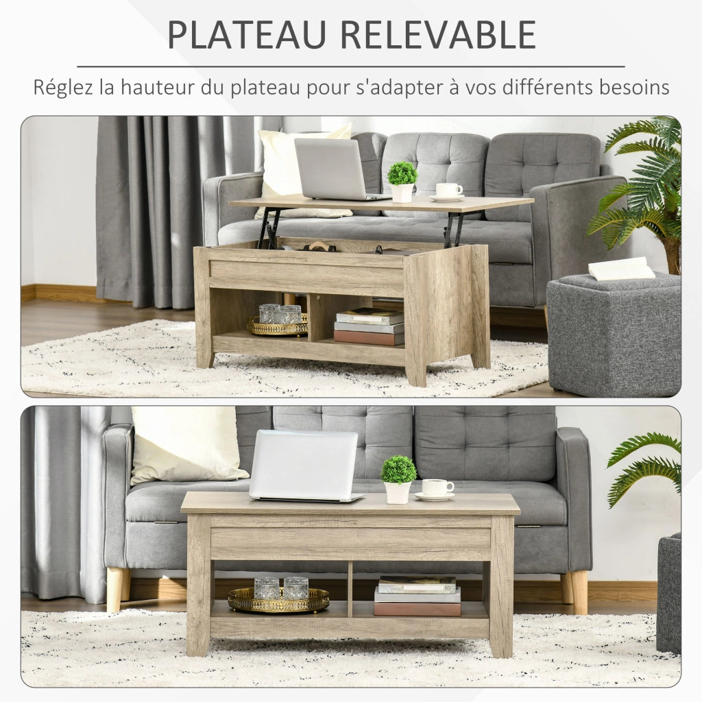 Tavolino da salotto con ripiano sollevabile e ripiani nascosti ¨C zephmum ¨C effetto quercia chiaro 105x50x49-62.5 cm