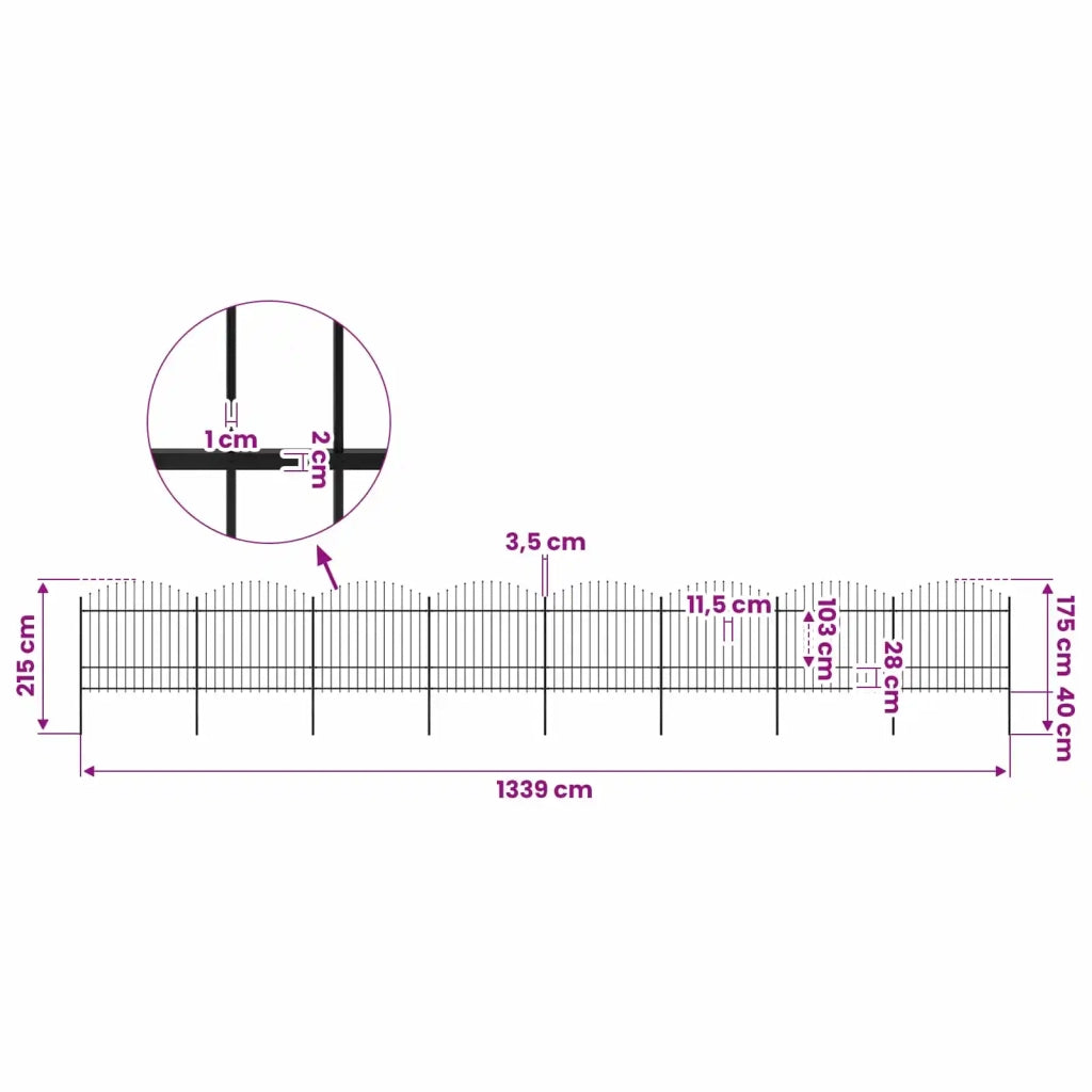 Recinzione da Giardino con Punta a Lancia in Acciaio 1339x175 cm Nera 277746