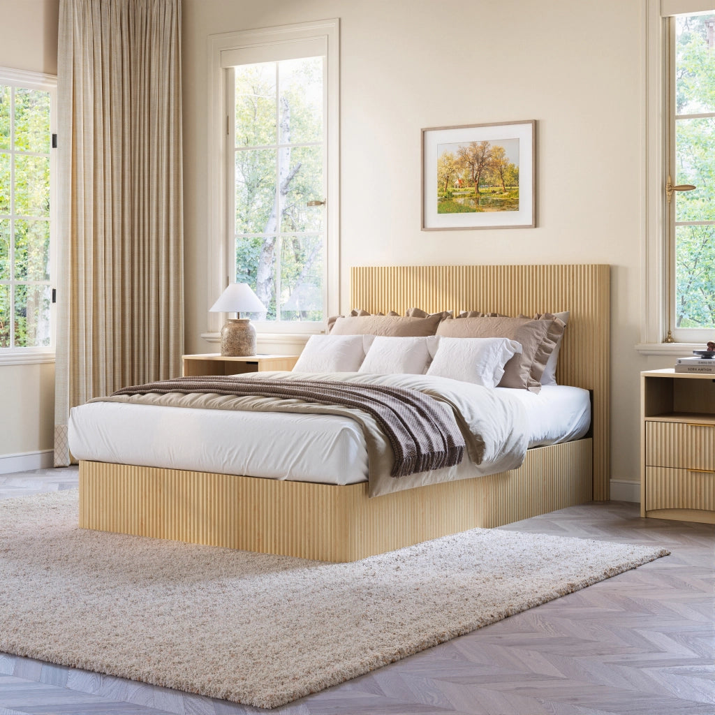 Letto contenitore 140 × 200 cm con sistema di sollevamento idraulico, ampia capacità, senza materasso, rovere chiaro