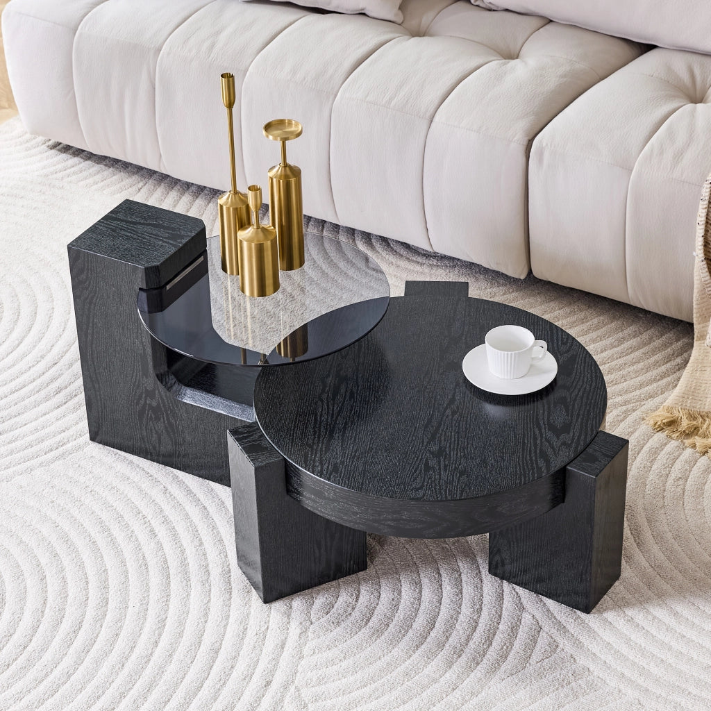 TAVOLINO DA CAFFÈ ROTONDO A 2 RIPIANI 61 CM NERO E VETRO GRIGIO Set da 2 pezzi