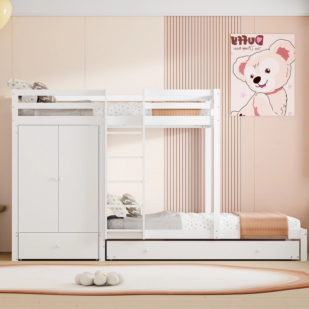 Letto a castello multifunzione in legno 90x200 cm con letto estraibile e armadio