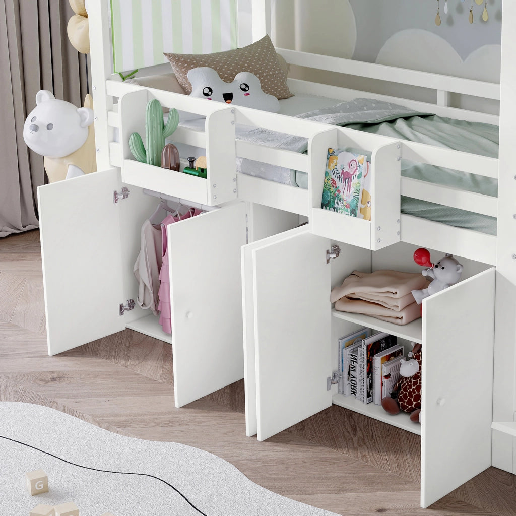 OKWISH Letto a Castello 90×200 cm, Letto Singolo con Scala Contenitore, Armadio, 7 Vani e Spondina, senza Materasso, Bianco Verde