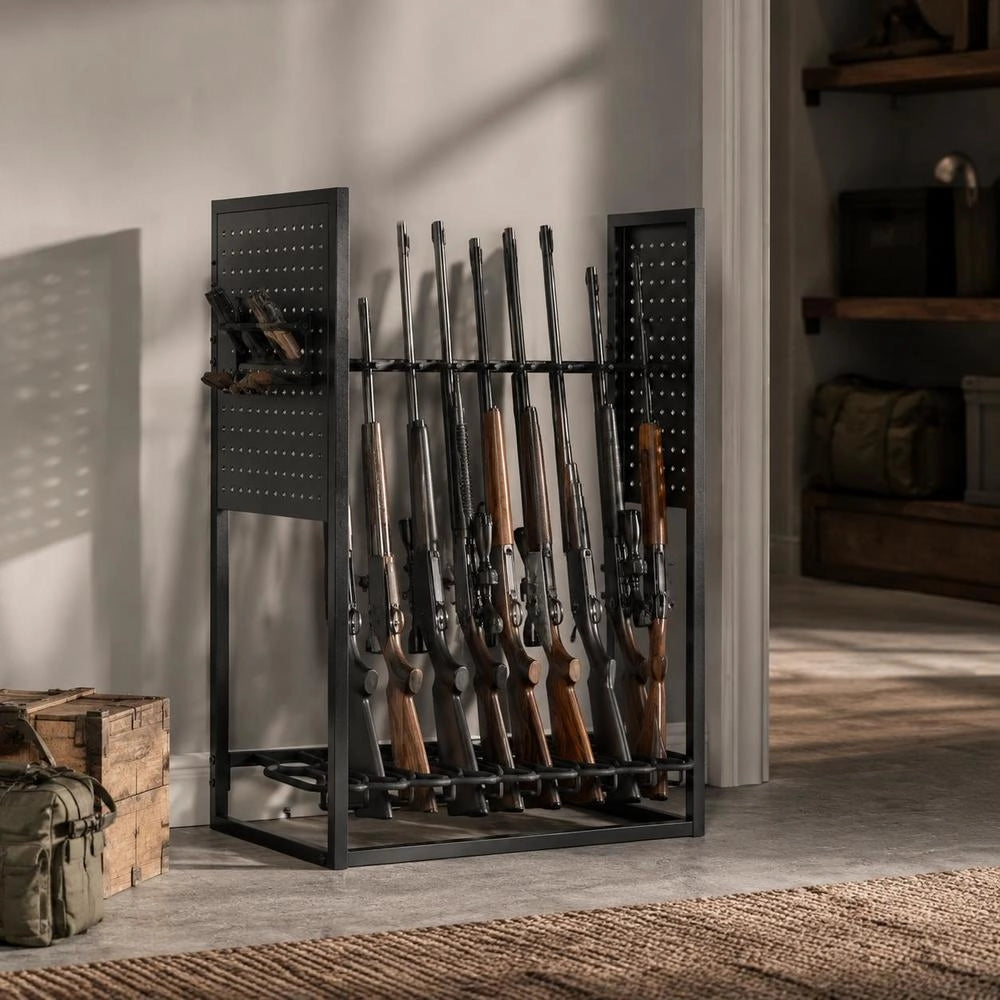 Gun Rack, Floor Standing, Indoor Heavy Duty Steel Rifle Shotgun Rack Stand, Freestanding Gun Display Storage With Magazine Holder, Holds Up To 9 Rifles And 4 Pistols, For Home Garage Storage