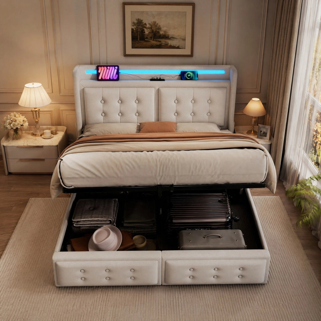 Letto matrimoniale 160x200 beige con LED, prese USB-C e contenitore