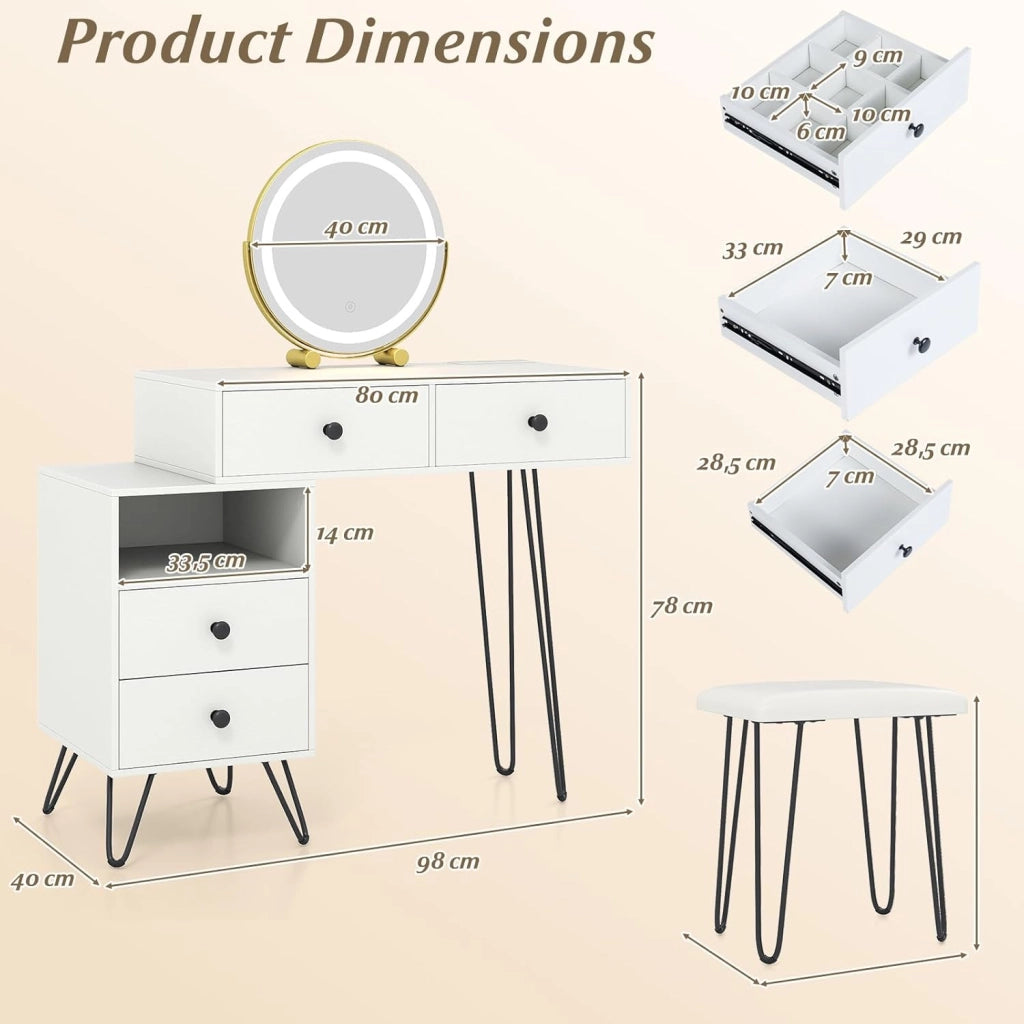 Set da toeletta, tavolo da trucco moderno con sgabello, specchio illuminato e girevole, modalità di illuminazione regolabili, stazione di ricarica, 4 cassetti e scomparto aperto per