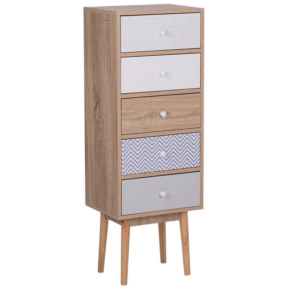 Cassettiera in legno chiaro con design scandinavo a 5 cassetti in legno bianco e grigio
