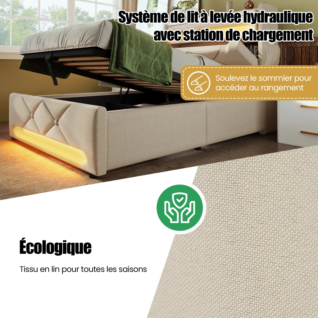 OKWISH Letto Contenitore 140×200 cm, Letto Matrimoniale con LED 360°, USB, Tipo C e Testiera con Vano Portaoggetti, senza Materasso, Lino, Beige