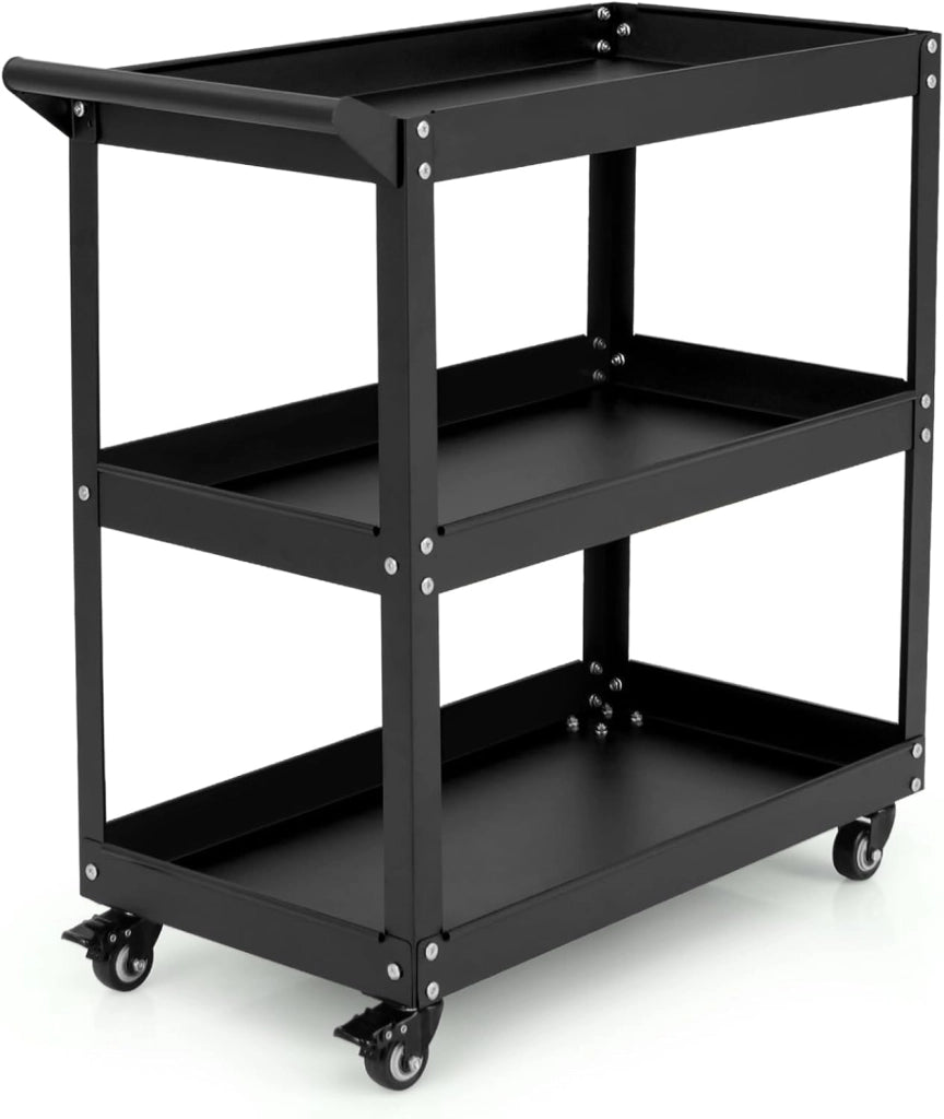 Carrello Portautensili a 3 Livelli, Carrello Metallico Resistente con 3 Ripiani, 4 Ruote Universali con 2 Freni, per Garage, Casa, Magazzino, 73 x 36 x 75 cm (Nero)