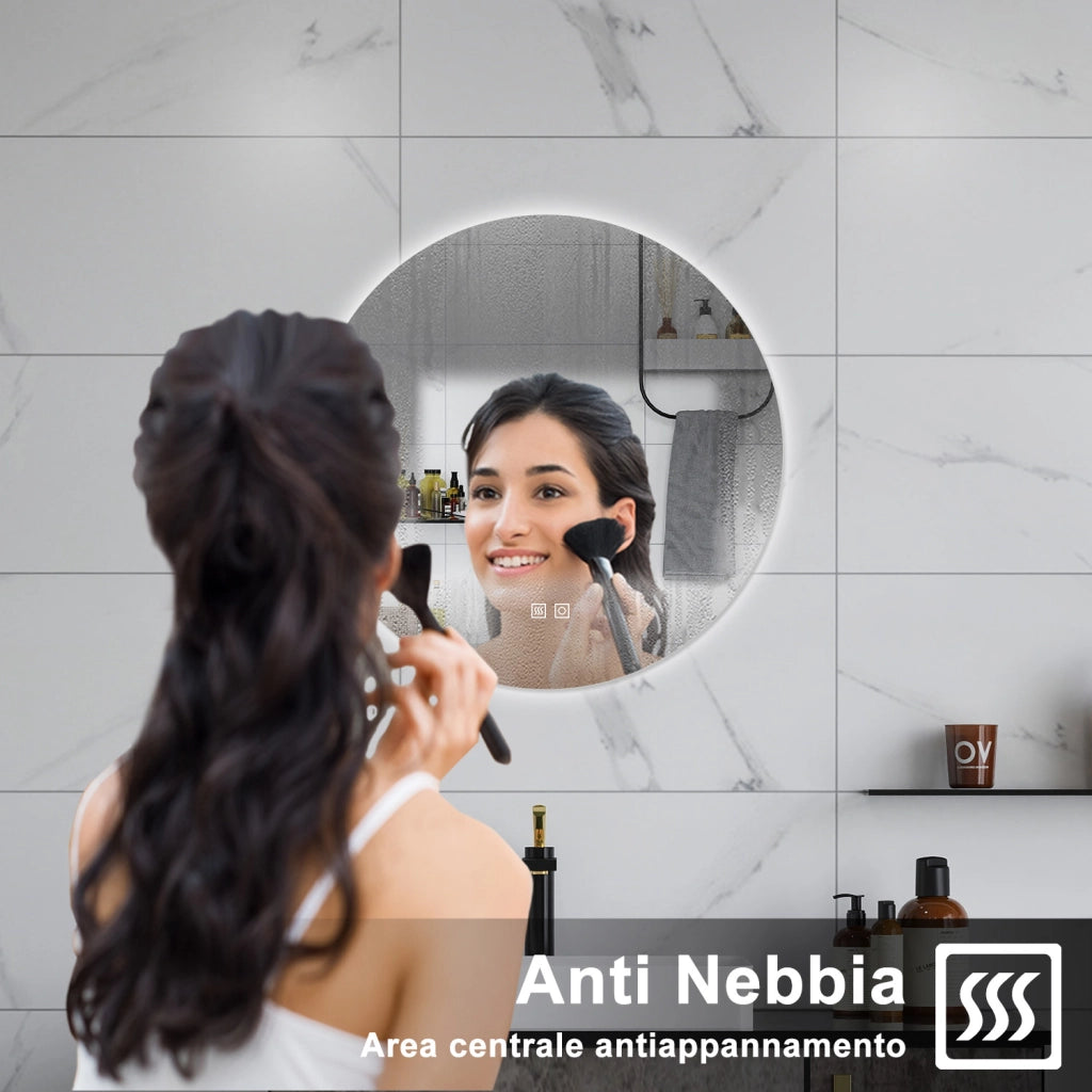 AICA Specchio da bagno 70 x 70 cm, 3 colori, antiappannamento, dimmerabile, interruttore touch, Funzione Memoria