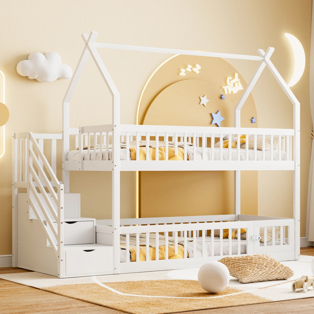 LETTO a castello per bambini 90x200 cm in legno massello bianco con tetto
