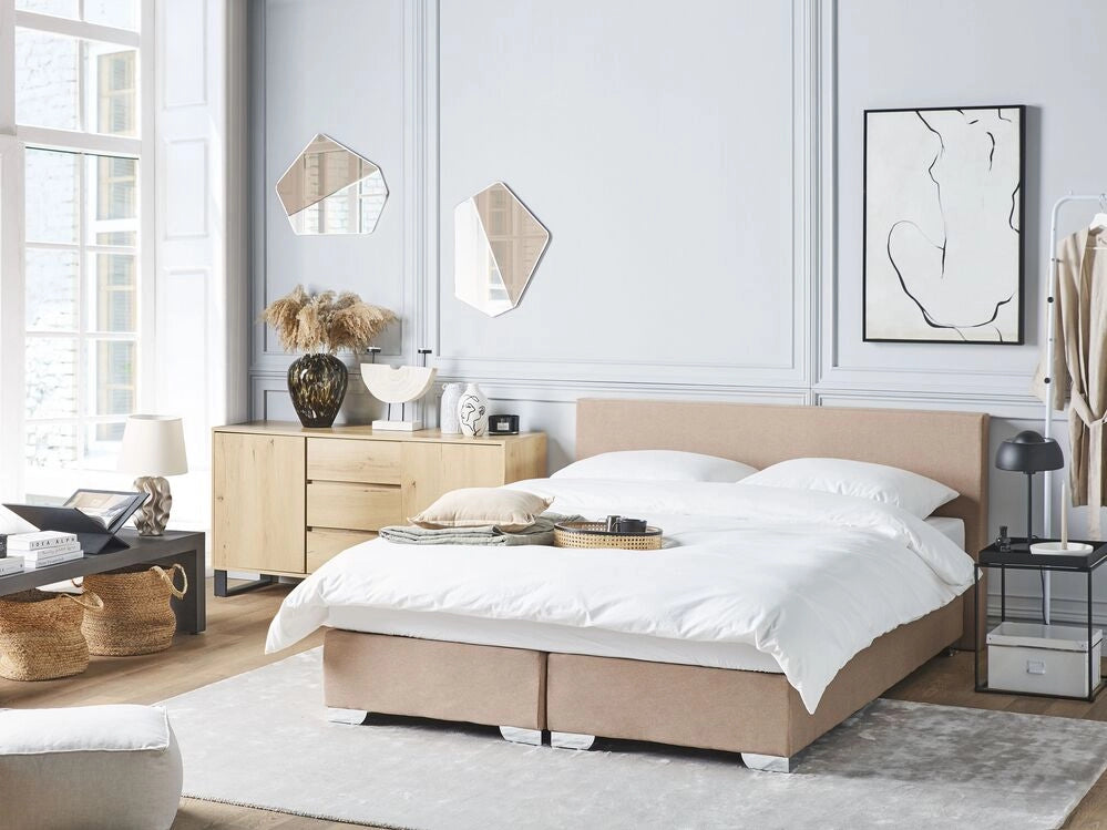 Letto Boxspring in Tessuto Beige con Materasso a Molle insacchettate 160 x 200 cm