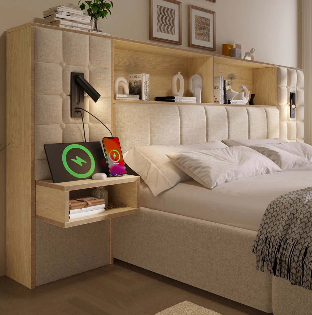 Letto matrimoniale 180x200 cm con contenitore; comodini sospesi; luci da lettura USB e Type-C; beige