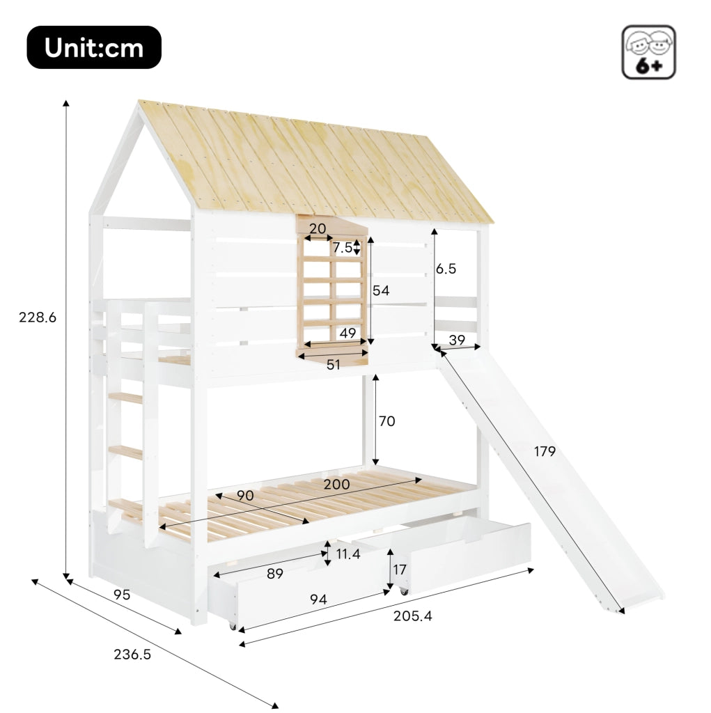 Letto a castello a casetta 90 x 200 cm con scivolo e 2 cassetti; bianco e naturale