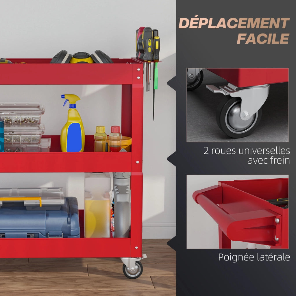 Carrello da lavoro con 3 ripiani e ruote ¨C Zephmum ¨C Rosso, acciaio, 83x35.3x76 cm