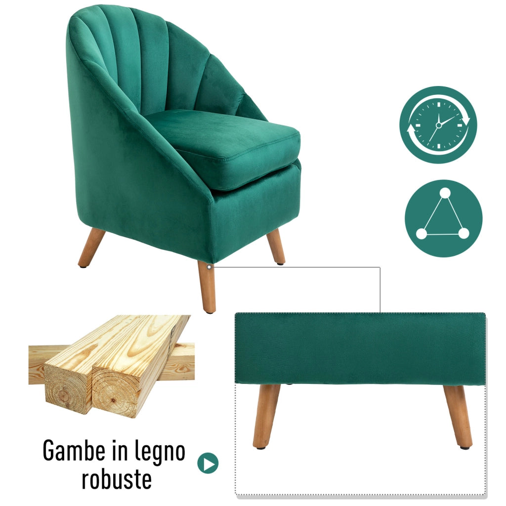 Poltrona in Velluto Verde con Imbottitura ¨C Zephmum ¨C Legno 67x65x77cm