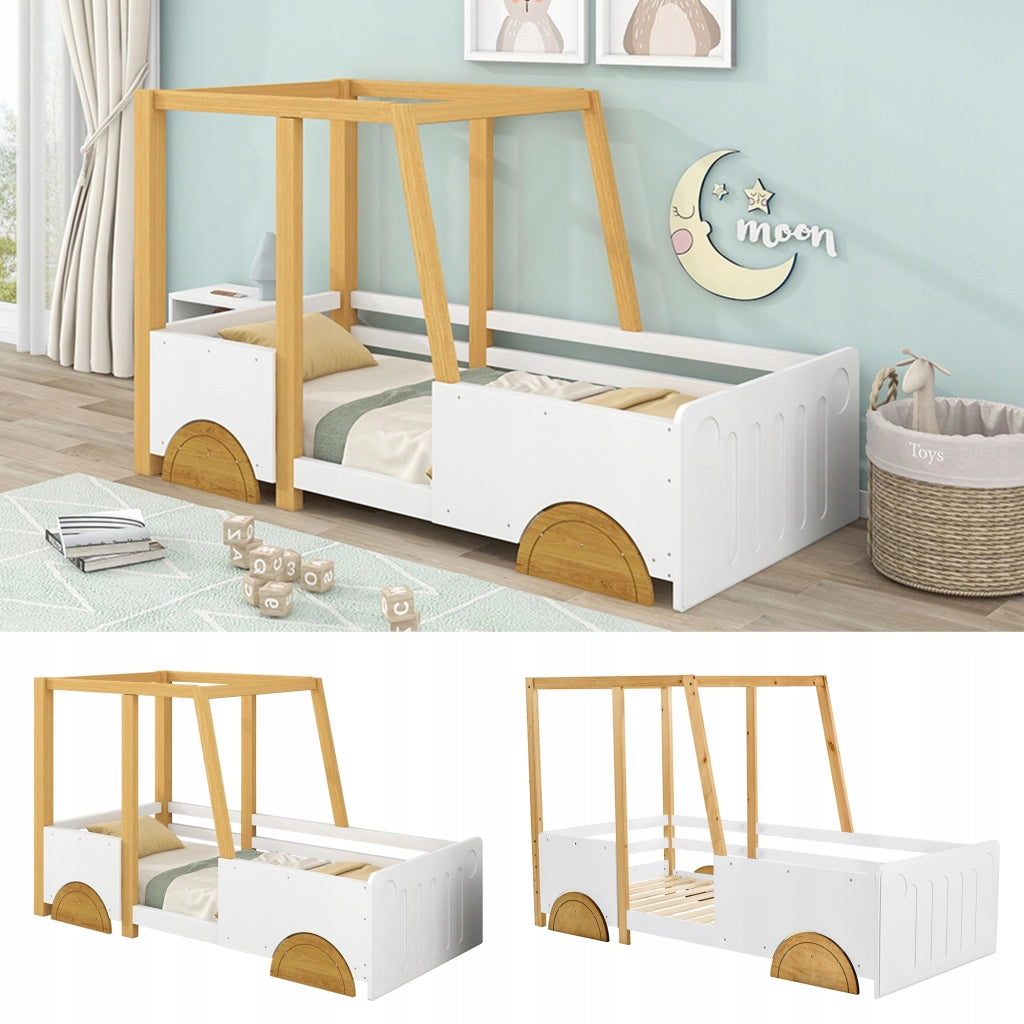 Letto a forma di auto per bambini - Xylo - 90x200 cm - Bianco e naturale