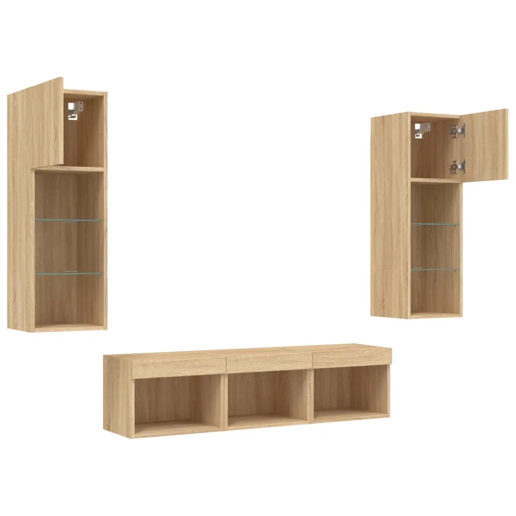 Mobili TV a Muro con LED 5pz | Armadietto TV | Mobile Porta TV Rovere Sonoma Legno Multistrato