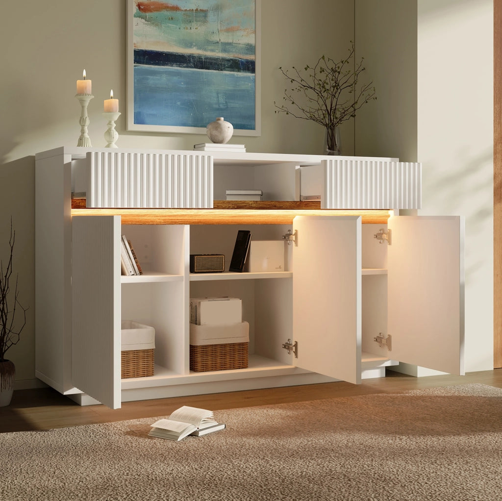 Madia bianca 140 x 40 x 85 cm con LED; 2 cassetti e ripiani regolabili