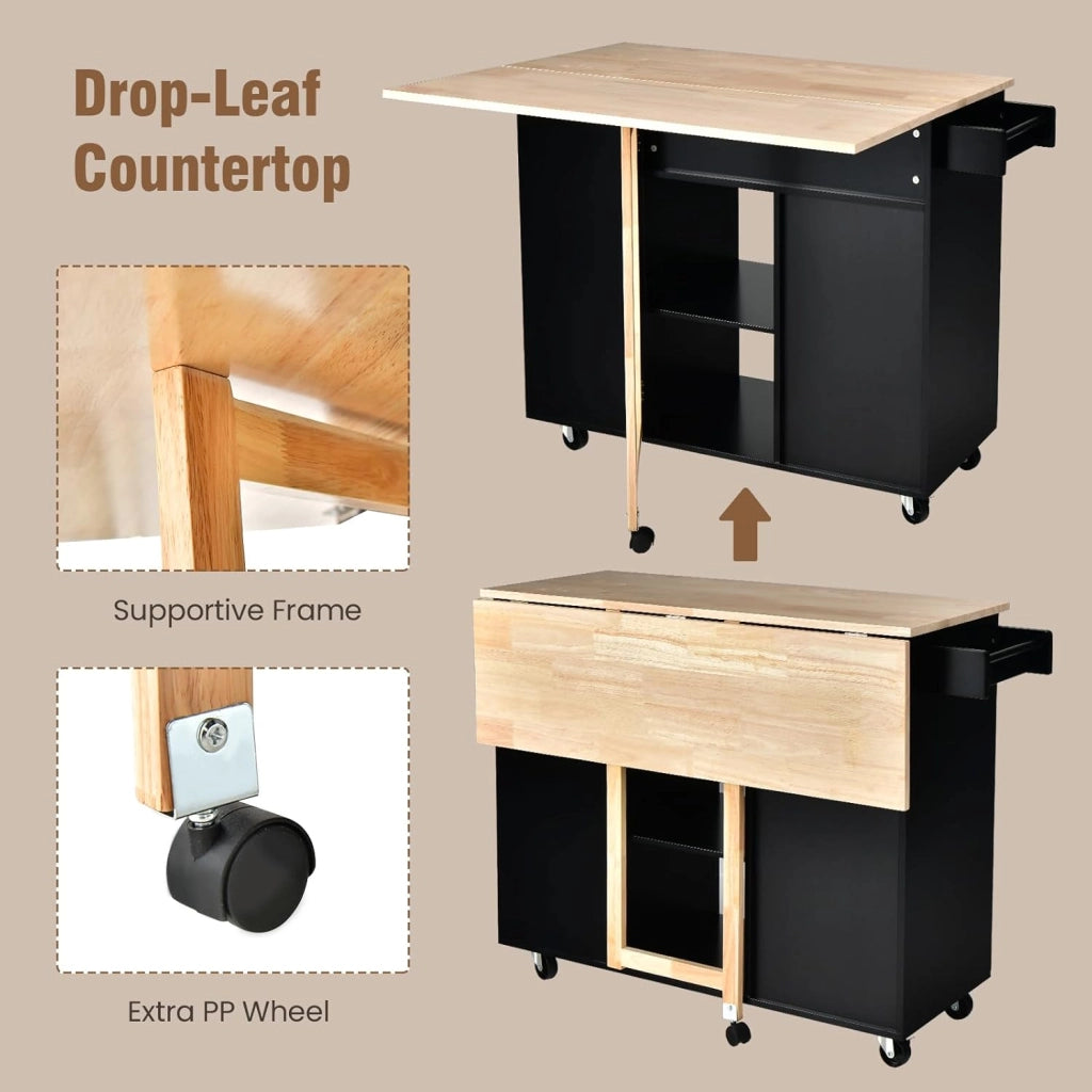 Carrello da Cucina a Isola in Legno, Carrello di Servizio con Piano di Lavoro Estraibile, Mobile da Cucina con Cassetto, Ripiano Regolabile, Carrello da Cucina a Isola (Nero)