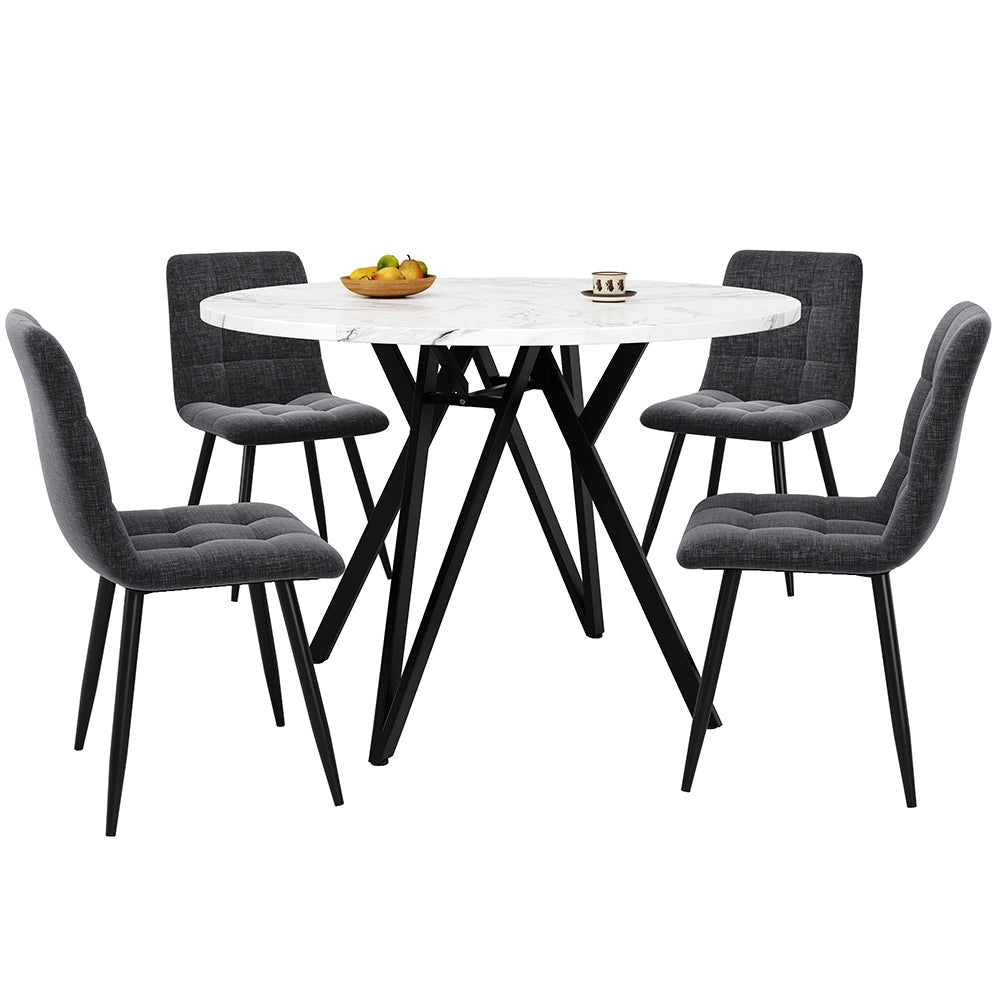 Set tavolo-Xylo-100cm rotondo 4 sedie grigio piedi neri piano marmorizzato