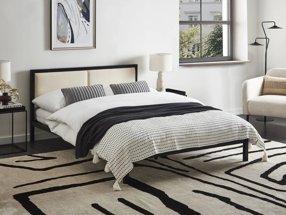 Struttura del letto in metallo Nero e Beige 140 x 200 cm imbottita a doghe minimalista