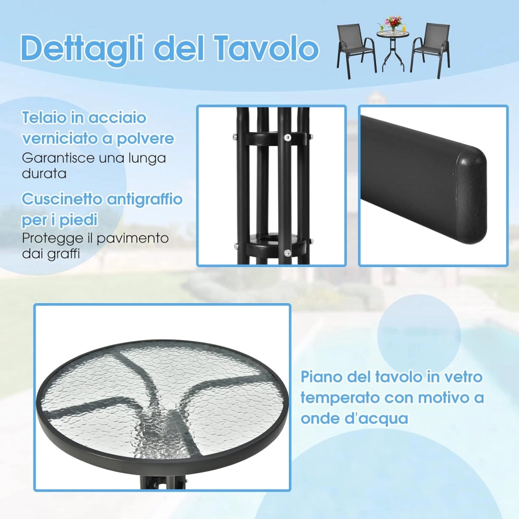 Set Mobili da Giardino 3 Pezzi, con Tavolo Rotondo in Vetro Temperato e 2 Sedie in Textilene Traspirante, per Esterno Balcone Giardino (Nero)