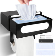 Toiletpapier holder senza forare, holder di carta igienica nero, contenitore per wc-rollo con contenitore per tovagliolo umido, holder di carta igienica con pannello, adesivo o forare (nero)