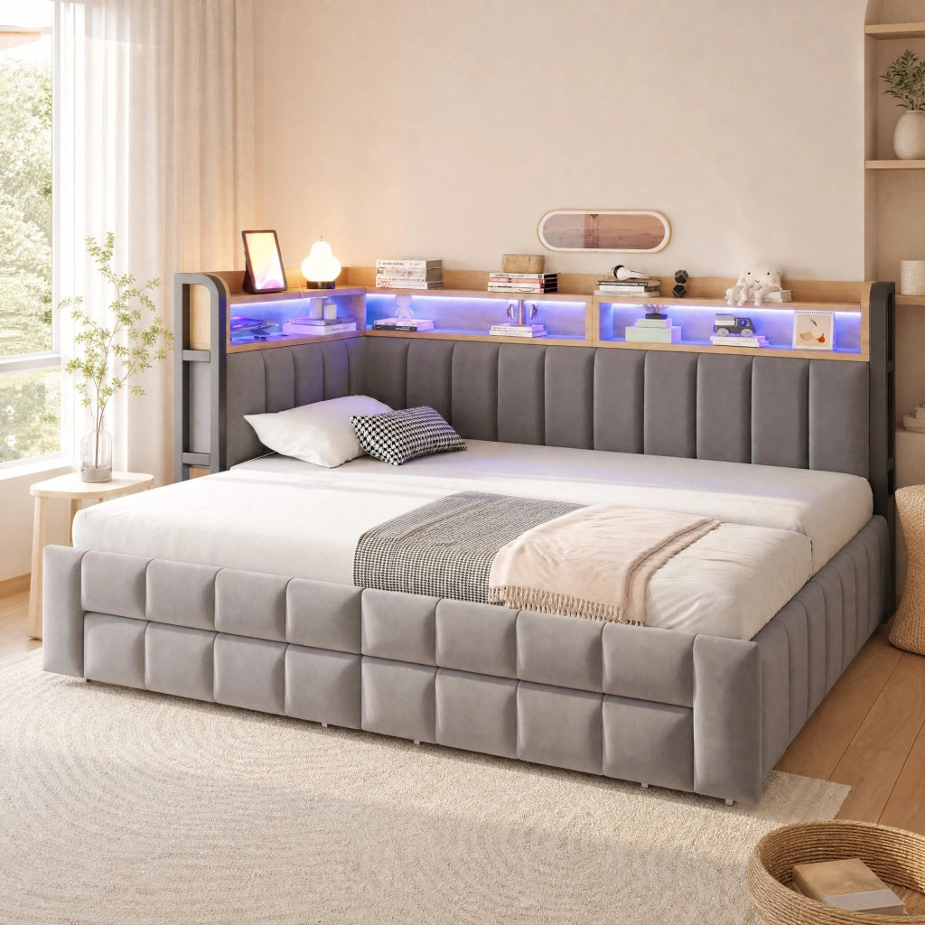 LETTO Divano letto estraibile 90x200 cm in velluto grigio chiaro con LED