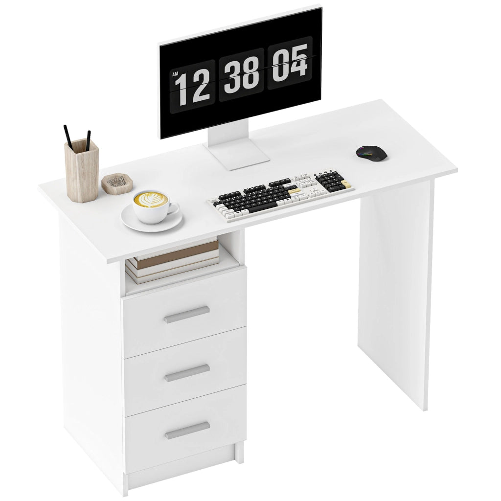 Scrivania Moderna in Legno con 3 Cassetti e Ripiano Aperto ¨C zephmum ¨C Bianco e Marrone 100x40x75 cm