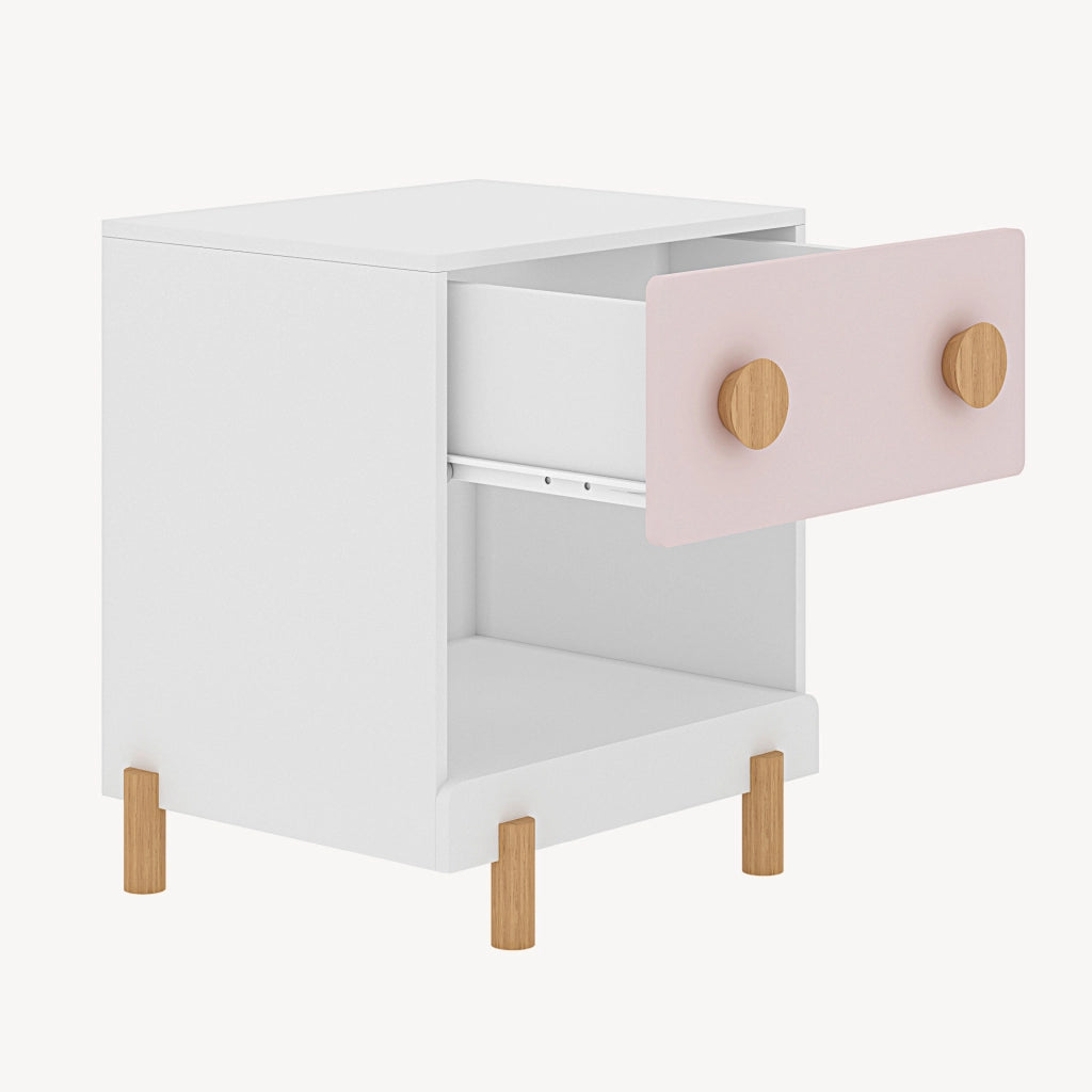 Comodino per Cameretta Vaarentaa con Cassetto e Scomparto Aperto 47x40x35 cm - Bianco/Rosa [en.casa]