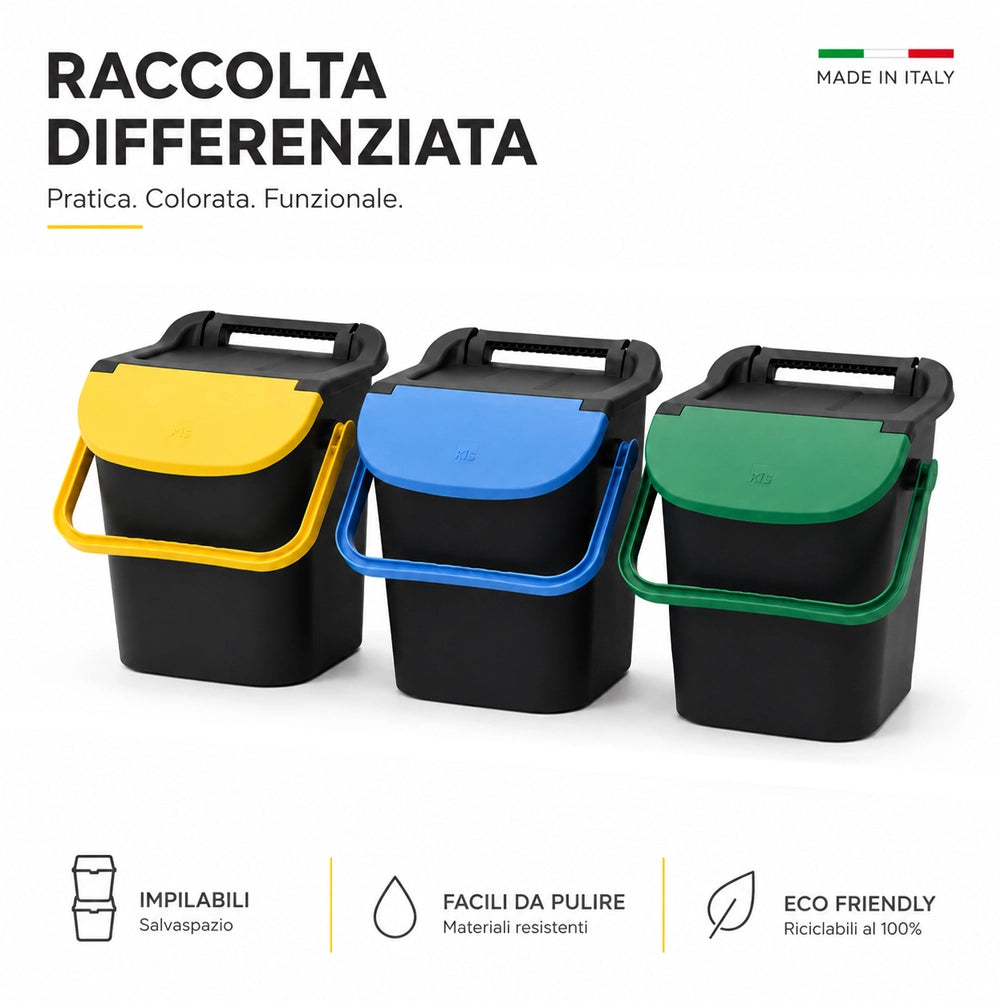 Set 3 Pattumiere Impilabili 34x37,7x42 cm Tower Bin 3x10L Raccolta Differenziata in Plastica Nero