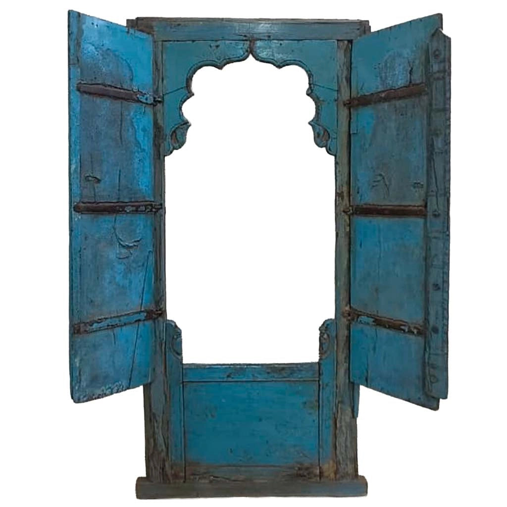Finestra in legno con finitura artigianale blu, 181x8x166h cm