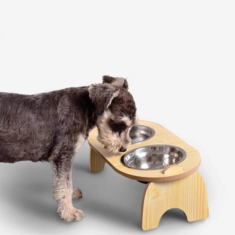 Trade Shop - Ciotola Doppia Rialzata Per Cani Gatti Con Base In Legno Per Animali Domestici -