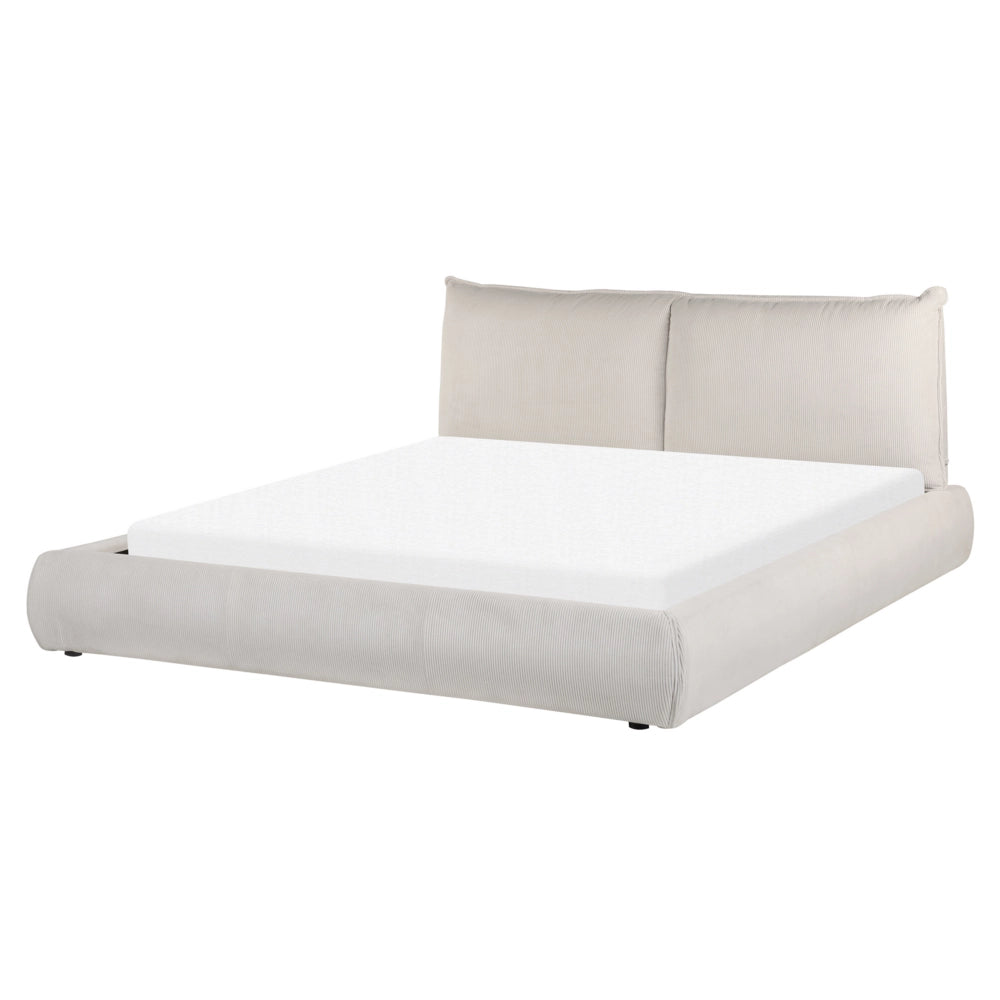 Letto matrimoniale imbottito in velluto a coste beige 160 x 200 cm con rete a doghe e spessa testata imbottita