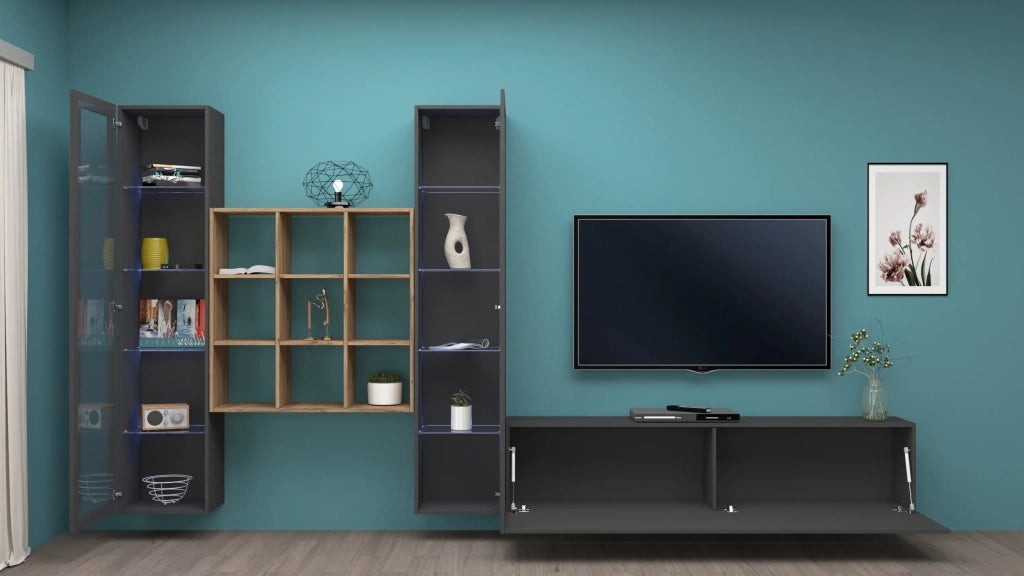 Parete attrezzata antracite TV soggiorno 2 vetrine libreria legno grigia Onir RT
