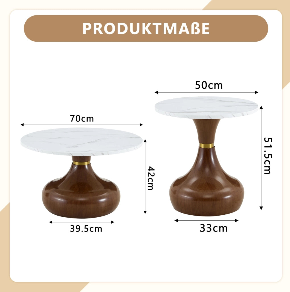 Set di 2 tavolini da caffè rotondi effetto marmo; base in metallo noce; bianco e noce