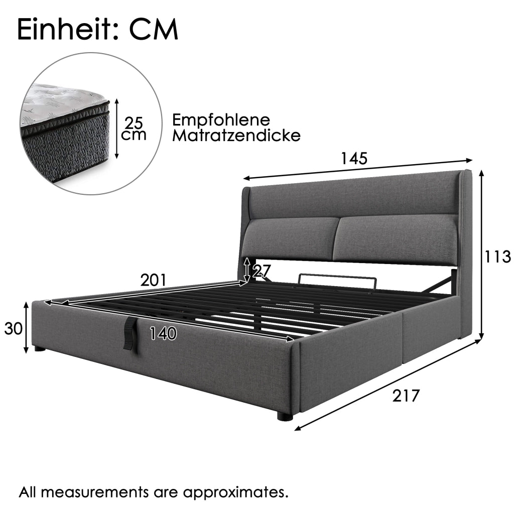 Letto matrimoniale imbottito 140x200 cm con testiera regolabile; contenitore idraulico; lino grigio