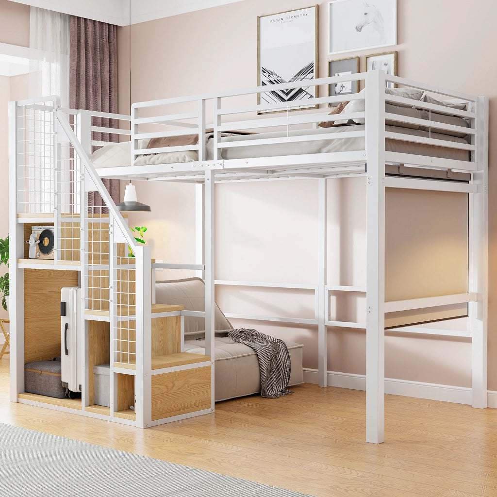 Letto a castello bianco con scala di sicurezza 90x200 cm in metallo