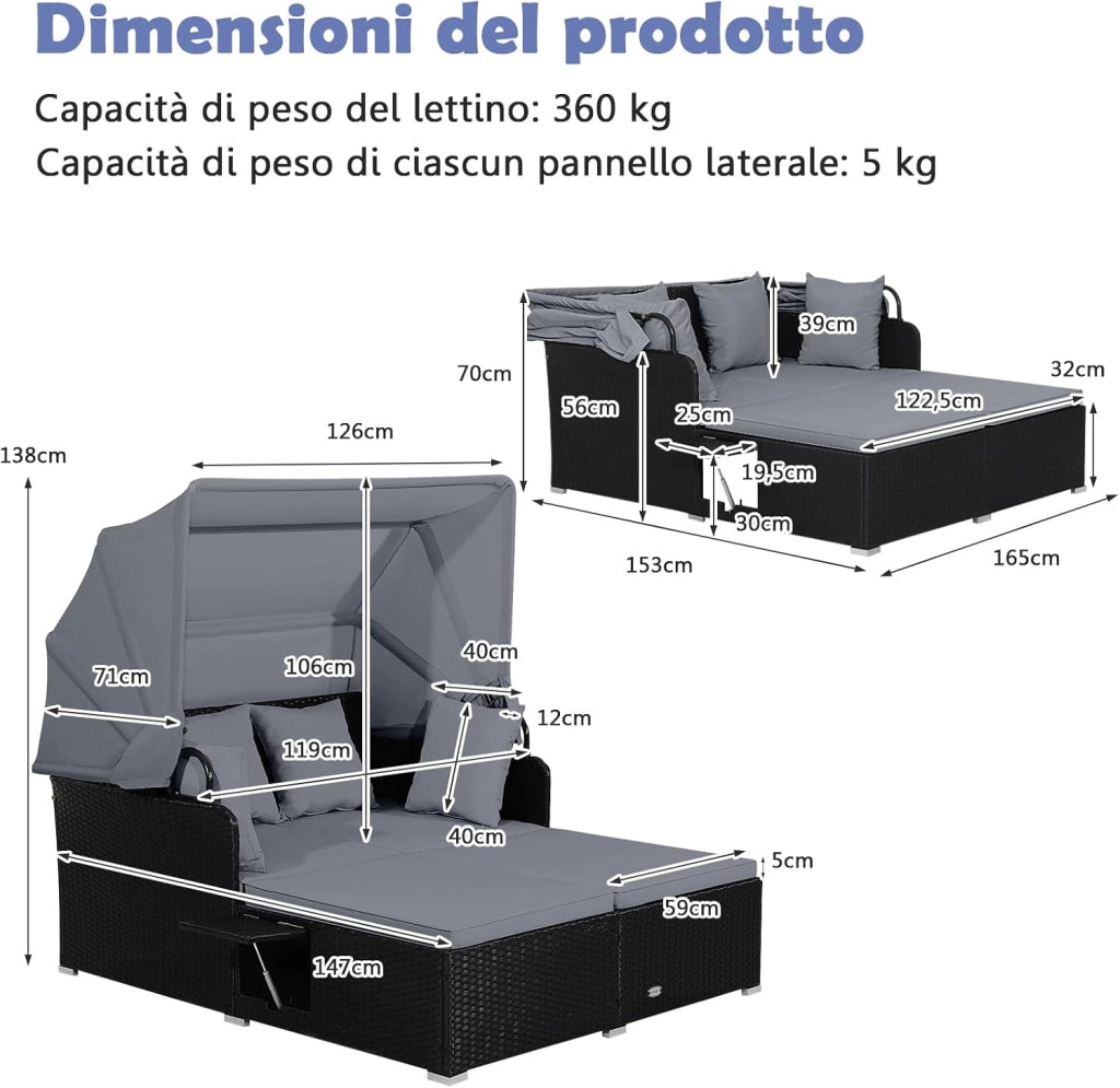 Lettino Prendisole per 2 Persone, Divano Letto Matrimoniale da Esterno in Rattan con Tettuccio Retrattile e Cuscini, Isola Prendisole per Giardino Cortile Balcone,165 x 153 x 138 cm (Grigio)