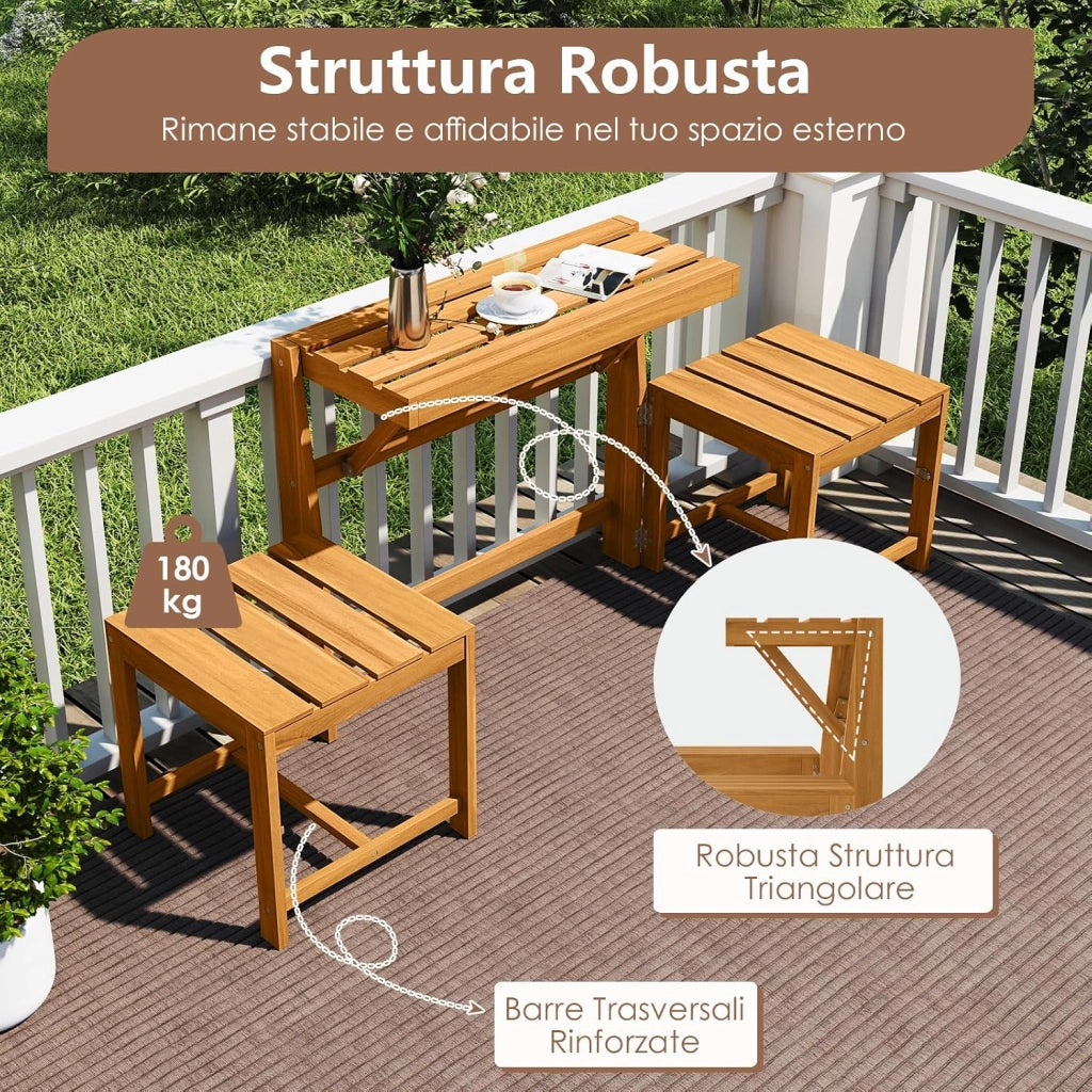 Panca Esterno Trasformabile 3 in 1, Panchina Giardino in Legno di Acacia con Schienale, Set Mobile Esterno con Tavolino e 2 Sedie, Supporto Piante per Terrazzo, Patio e Balcone