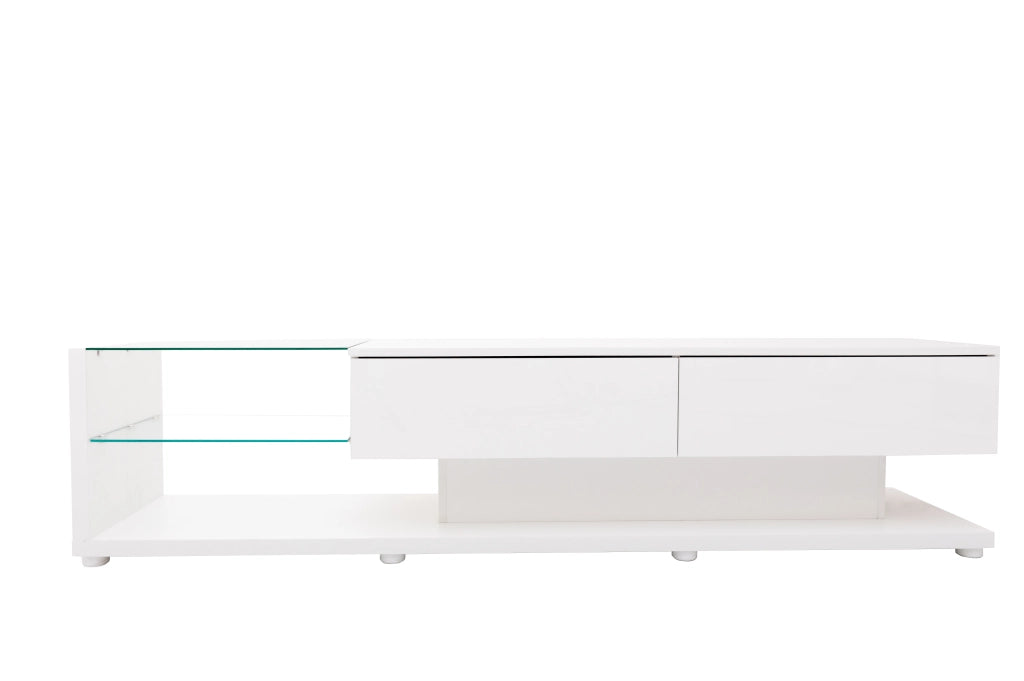Mobile TV con 2 Cassetti e 2 Ripiani in Vetro con LED per Soggiorno in Truciolare 170×36×38 cm Bianco