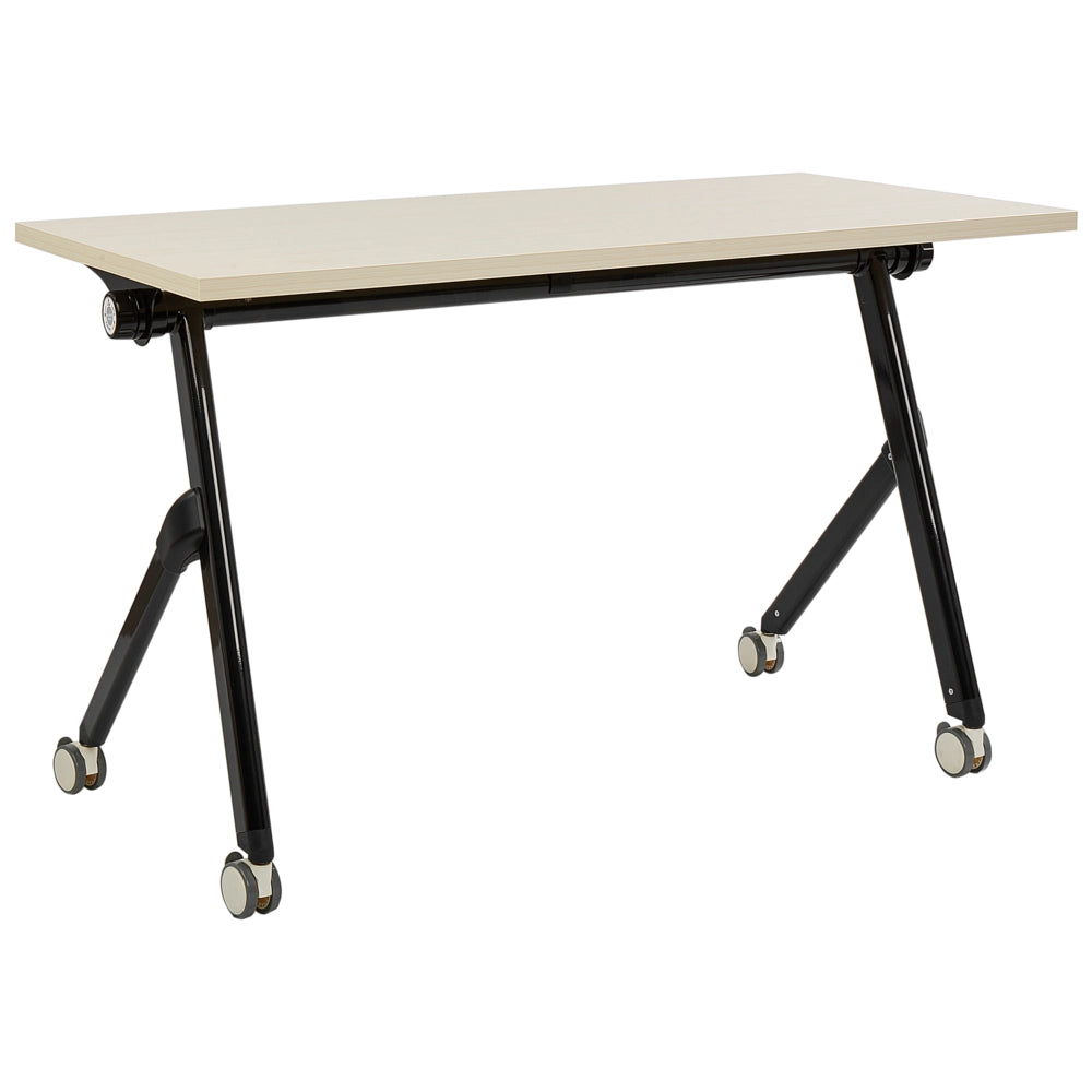 Scrivania rettangolare pieghevole con rotelle portatile con struttura in metallo legno chiaro e nero 120 x 60 cm stile moderno