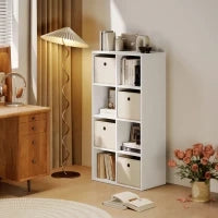 Libreria a Cubi con 8 Comparti e 4 Cassetti di Tessuto, 105,9x30x53,7 cm, Bianco e Beige