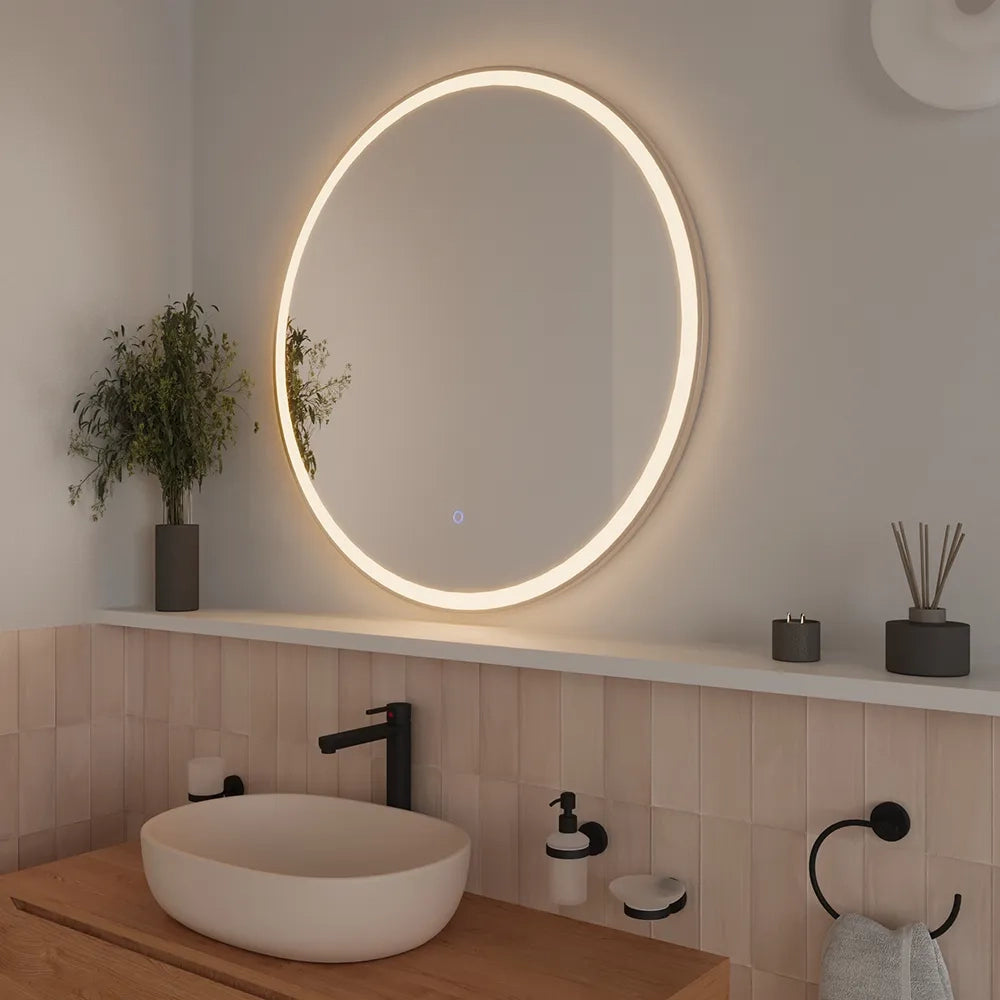 Specchio led tondo Ø 60 cm cornice bianco opaco touch screen luce calda/fredda