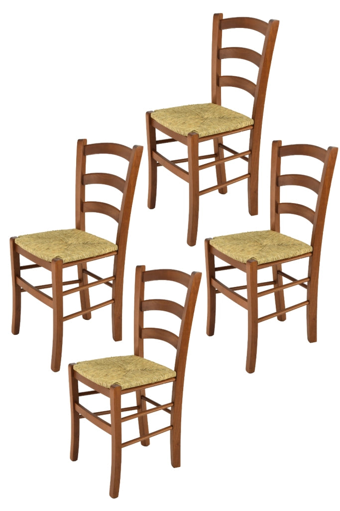 Set 4 Sedie Venice Tommychairs, robusta struttura in legno di faggio verniciata in noce chiaro e seduta in paglia