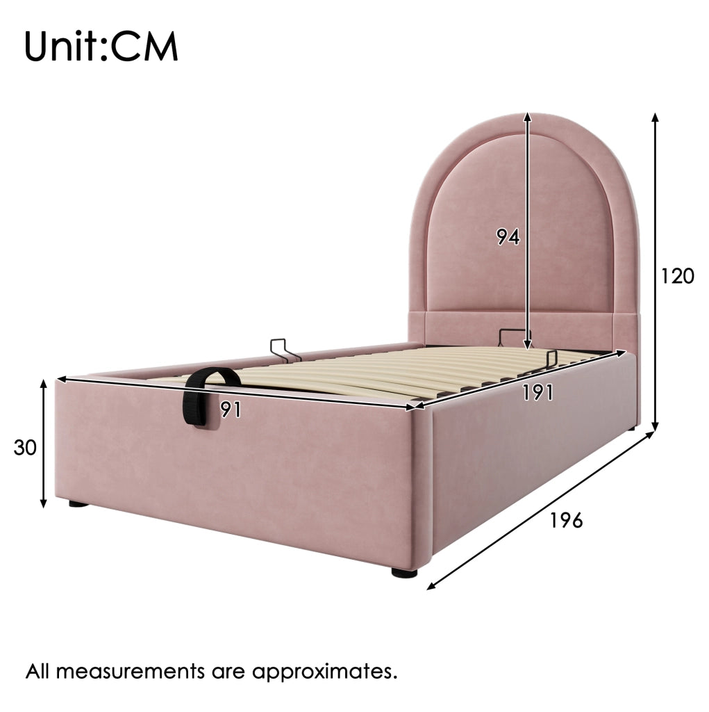 Letto imbottito singolo 90x190 cm con contenitore; velluto rosa