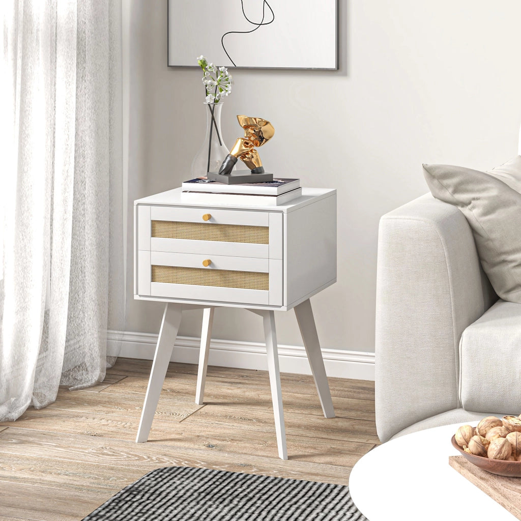 Comodino con 2 Cassetti Stile Cannage ¨C Zephmum ¨C Bianco 40x40x60 cm