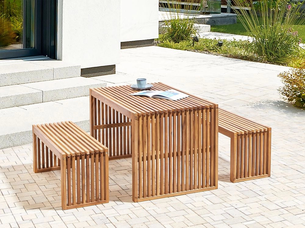Panca da pranzo da giardino in legno chiaro di acacia a 2 posti, moderna e rustica, per esterni e interni.