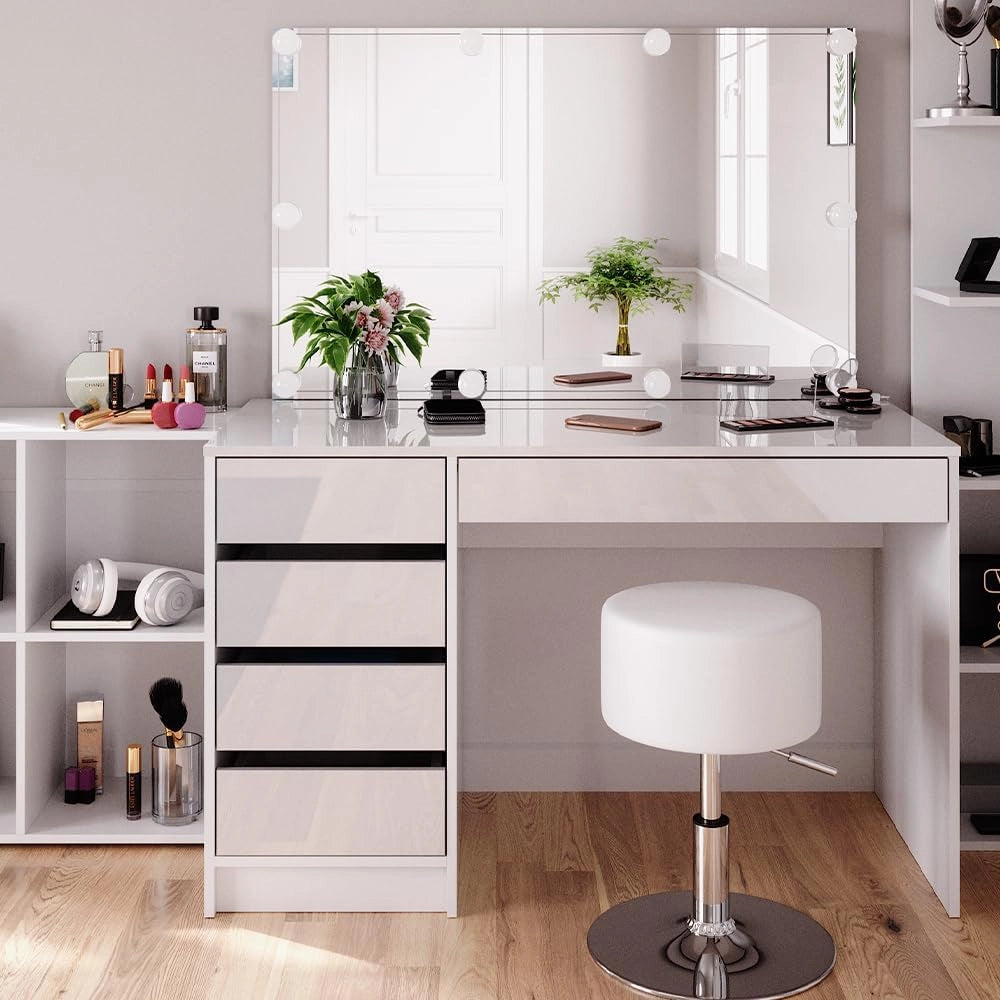 Tavolino da toilette Sherry, Bianco, 5 pezzi, con ripiano portaoggetti, ripiano in piedi, specchio, sgabello, LED, adatto per l’uso quotidiano con telaio stabile