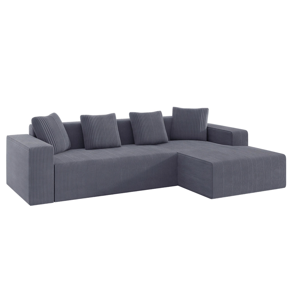Divano modulare 3 posti con chaise longue in velluto a coste grigio; 261x146x65 cm